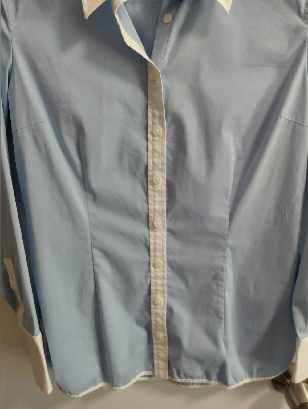 Women's Express Design Studio White Blue Button Down Fitted Dress Shirt - Picture 9 of 9